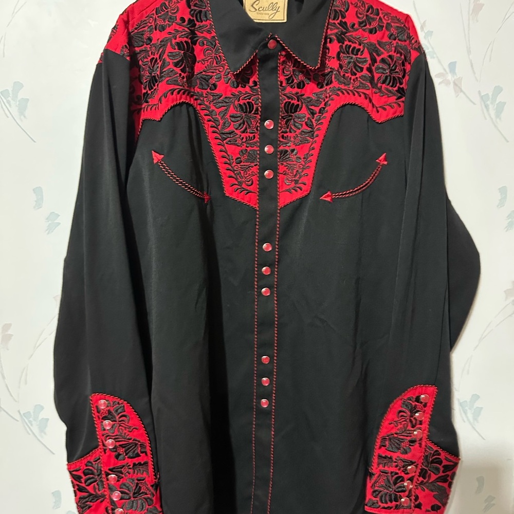 Scully Black Red Embroidered Western Pearl Snap Men’s Rockabilly Rodeo Shirt